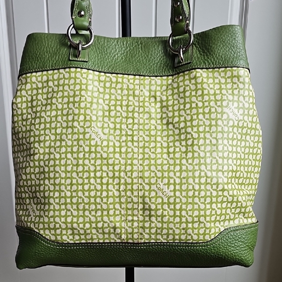 Coach 2008 Penelope Op Art North South Leather Canvas tote Green Yellow Interior - Picture 7 of 11